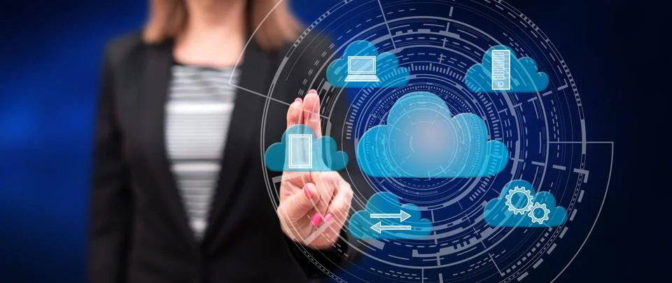 Woman touching a cloud computing concept Foto stock