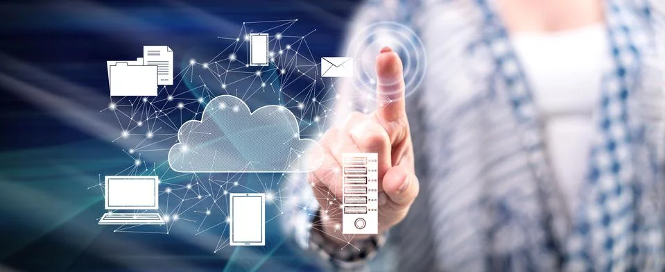 Woman touching a cloud computing concept Stock Photos