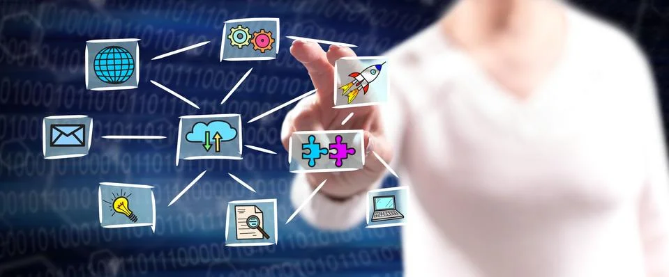 Woman touching a cloud computing concept Stock Photos