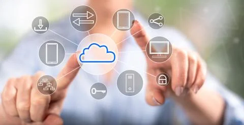 Woman touching a cloud computing concept Stock Photos