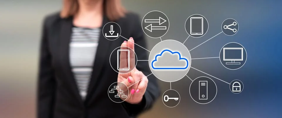 Woman touching a cloud computing concept Foto stock