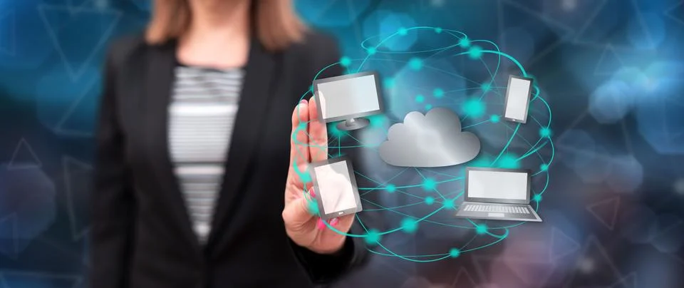 Woman touching a cloud computing concept Stock Photos