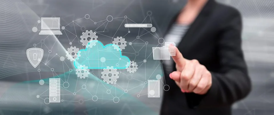 Woman touching a cloud computing concept Stock Photos