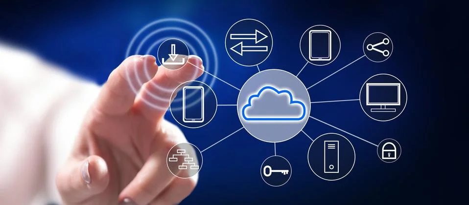 Woman touching a cloud computing concept Stock Photos