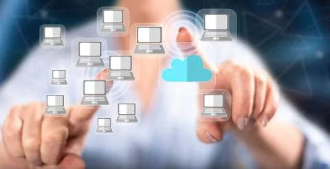 Woman touching a cloud computing concept Stock Photos