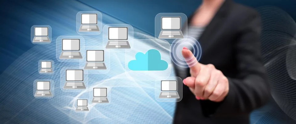 Woman touching a cloud computing concept Stockfoto's