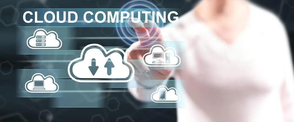 Woman touching a cloud computing concept Stock Photos