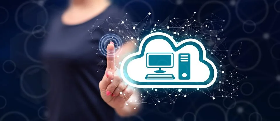 Woman touching a cloud computing concept Stock Photos