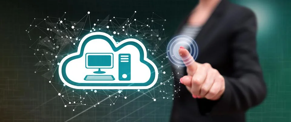 Woman touching a cloud computing concept Stockfoto's