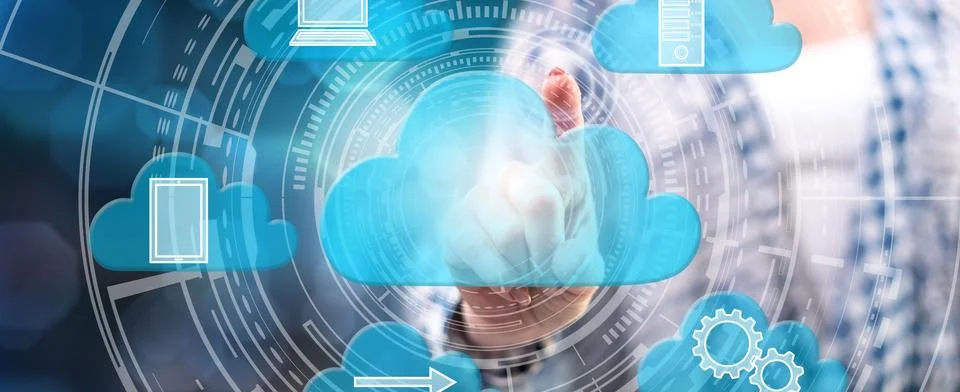 Woman touching a cloud computing concept Foto stock