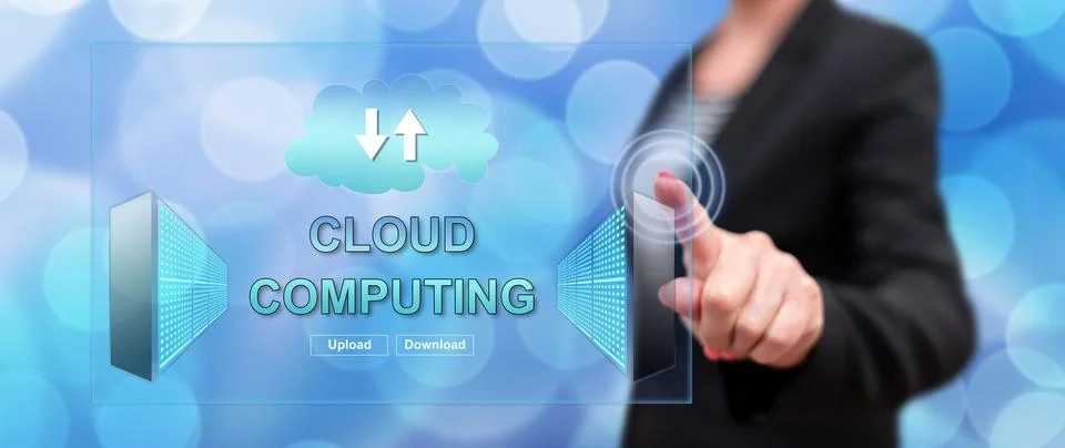 Woman touching a cloud computing concept Stock Photos