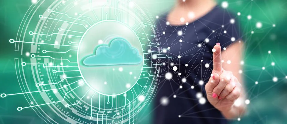 Woman touching a cloud computing system concept Stock Photos