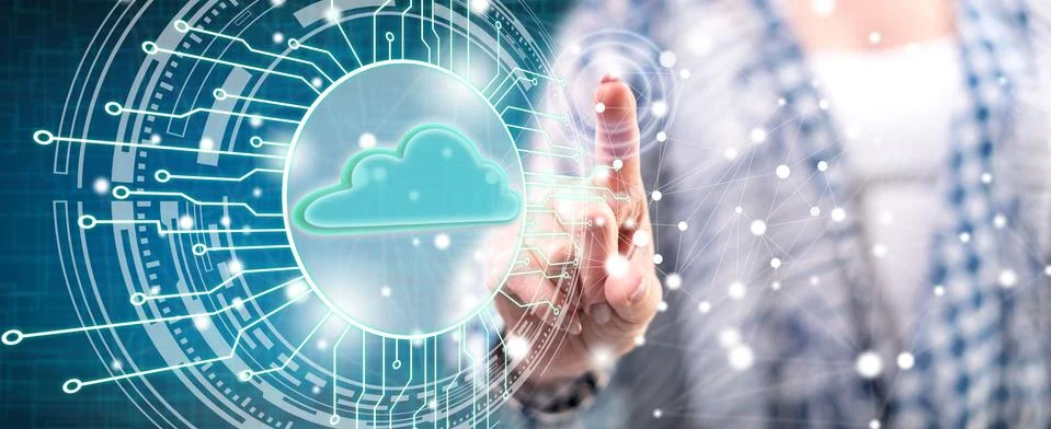 Woman touching a cloud computing system concept Foto stock