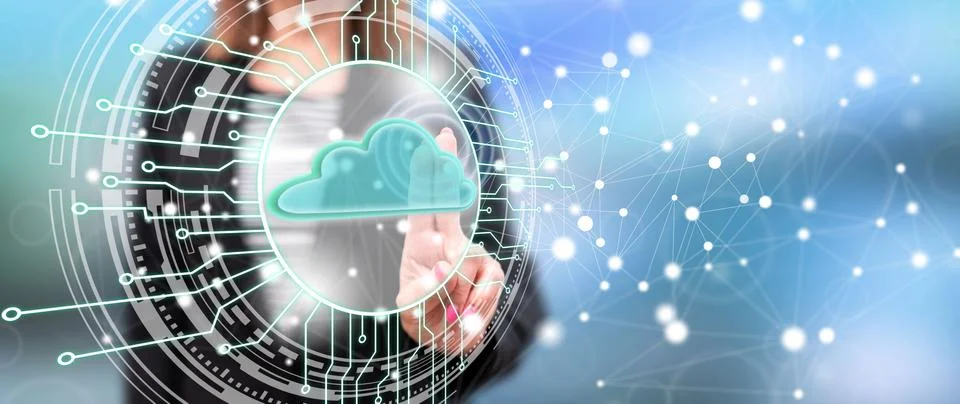 Woman touching a cloud computing system concept Stock Photos