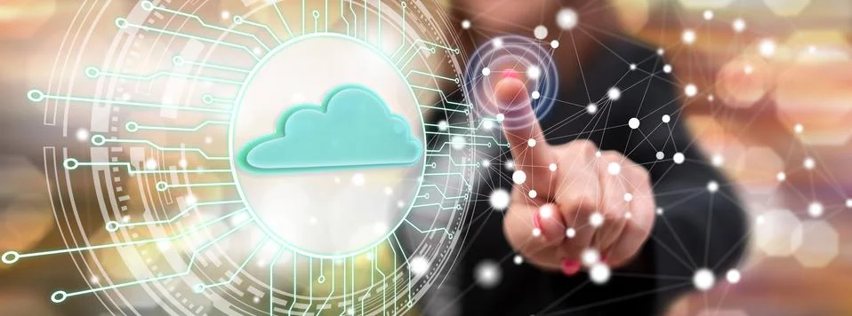 Woman touching a cloud computing system concept Foto stock