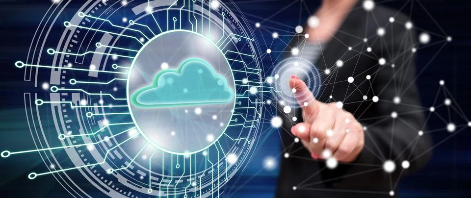 Woman touching a cloud computing system concept 스톡 사진