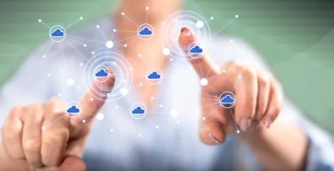 Woman touching a cloud networking Stock Photos