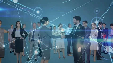 Woman touching ear starting node, cam pulling back showing networking handshake Video stock 330621394