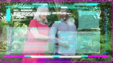 Woman touching man's arm, gesturing while AR HUD updating map, couple checking Stock Footage 333610030