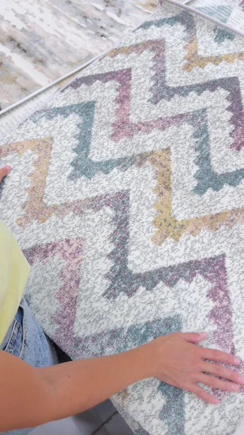 Woman touching patterned carpet in store Stock Footage 314577461