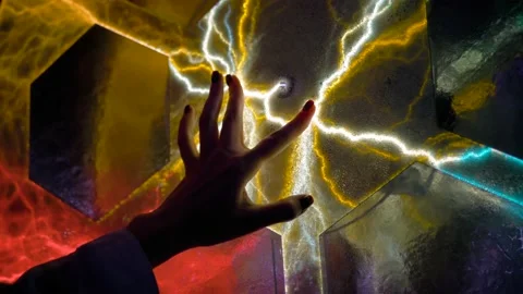 Woman touching plasma panel display in dark room of museum - close up view Video stock 136484615