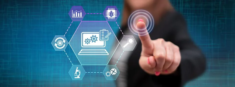 Woman touching a software testing concept 库存照片