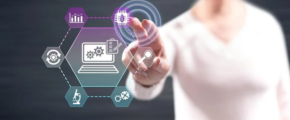 Woman touching a software testing concept 写真素材