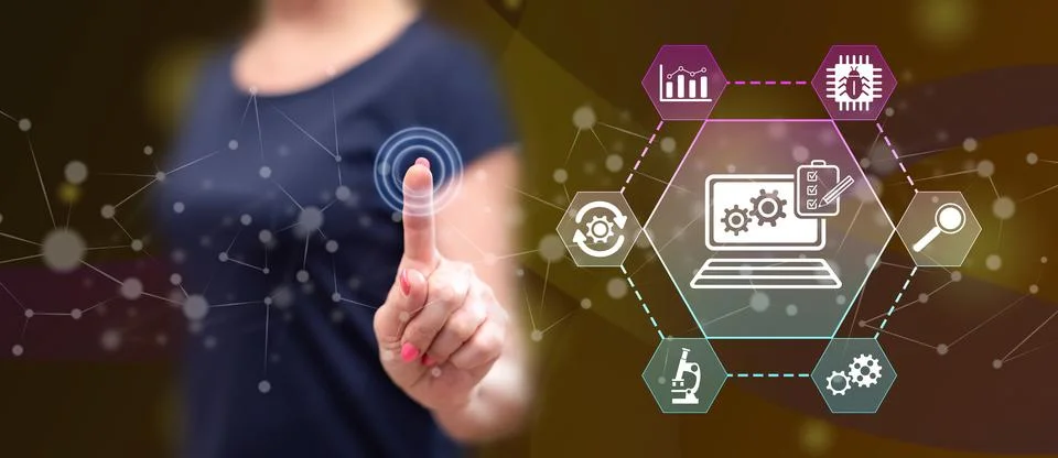 Woman touching a software testing concept Stock Photos