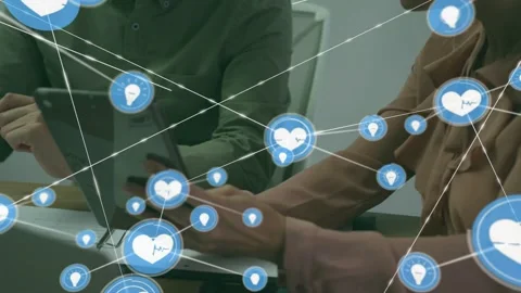 Woman touching tablet and sharing with man, visualizing health data as connected Stock Footage 333034676