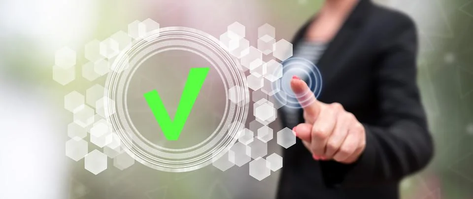 Woman touching a validation process concept Stock Photos