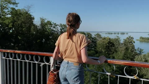 Woman tourist standing on bridge Stock Footage