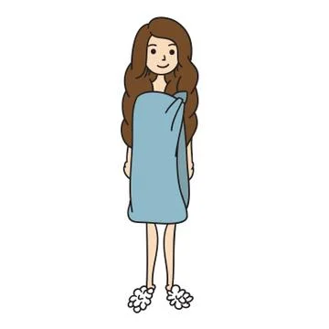 Woman in towel vector. Girl after shower hand drawn. Stock Illustration