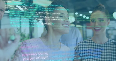 Woman tracing code on transparent board triggers animated code overlay, engaging Stock Footage 310643553