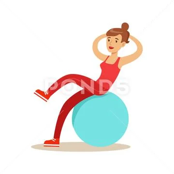 Woman Training Abs On Rubber Ball, Member Of The Fitness Club Working Out And Stock Illustration