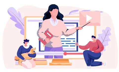 Woman training a dog basic commands with video tutorial on the computer flat Illustrazione stock