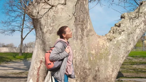 Woman by tree without bark. Stock Footage 252151915