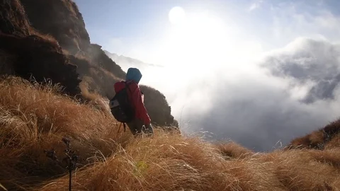 Woman Trekker Climbs Down Path Mardi Himal Mountain At Sunrise Nepal Stock Footage 80617208