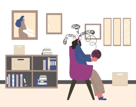 Woman try to untangle ball of thread of in her mind. Female character try to  Stock Illustration