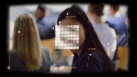 Woman turning head toward camera, HUD alignment shifting, pixel grid scanning Stock Footage 333670567