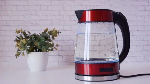 Woman turns on the heating button of a modern glass electric kettle Stock Footage 240952945