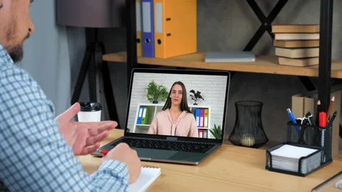 Woman tutor in computer screen talk teaches student remote webinar course lesson Stock Footage 161180612