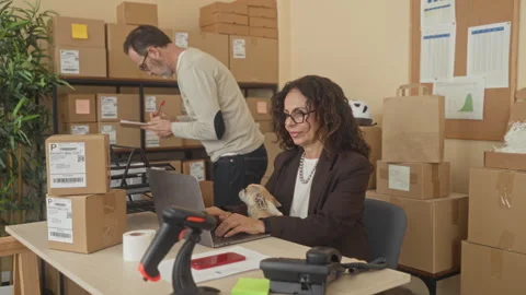 Woman types on laptop while holding dog amid stacked packages in a small bu.. 스톡 동영상 339238399