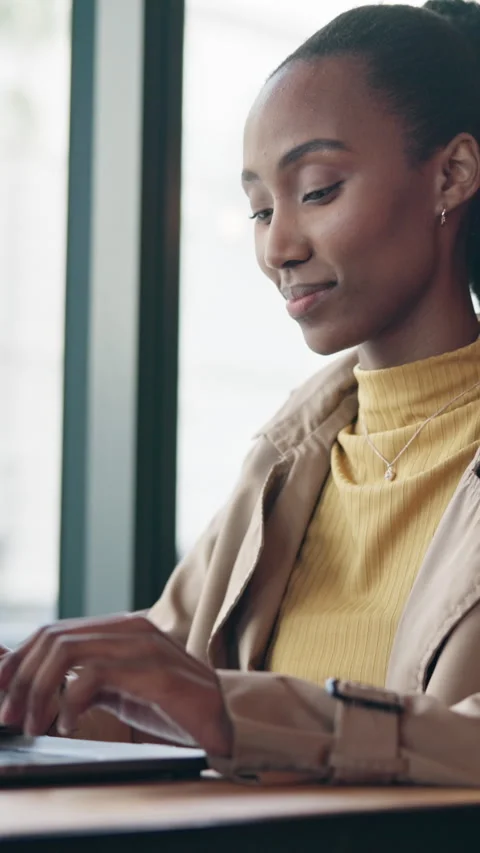 Woman, typing and remote work in cafe with laptop, copywriting proposal or Stock Footage 336710613