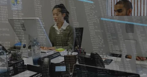 Woman typing causing code overlay, coworker joining and consulting over monitors Stock Footage 331833000