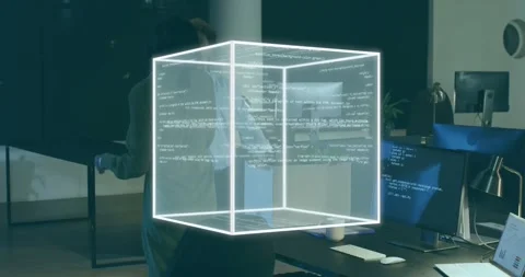 Woman typing code activating 3D cube, man entering joining inspecting rotating Stock Footage 318142072