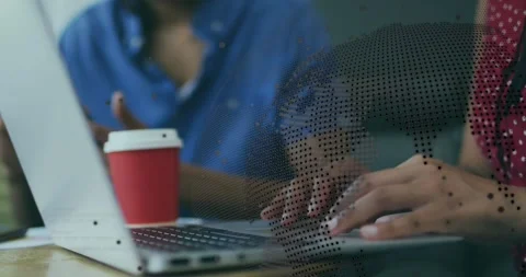 Woman typing code after coworker gesture, explaining segment with animated Stock Footage 326104175