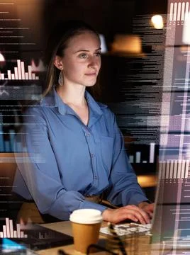 Woman typing, coding and data analytics hologram of dashboard at night, digital Stock Photos