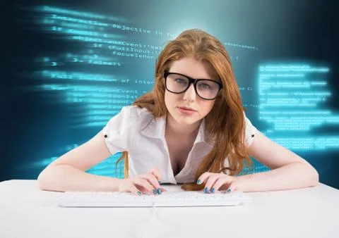Woman typing coding text Stock Photos