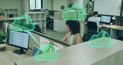 Woman typing data input and watching neon-green clouds pulsing then linking into Stock Footage 314869066