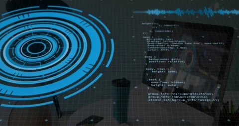 Woman typing at desk beside HUD, hands causing reflected coding scrolling to Stock Footage 331126053
